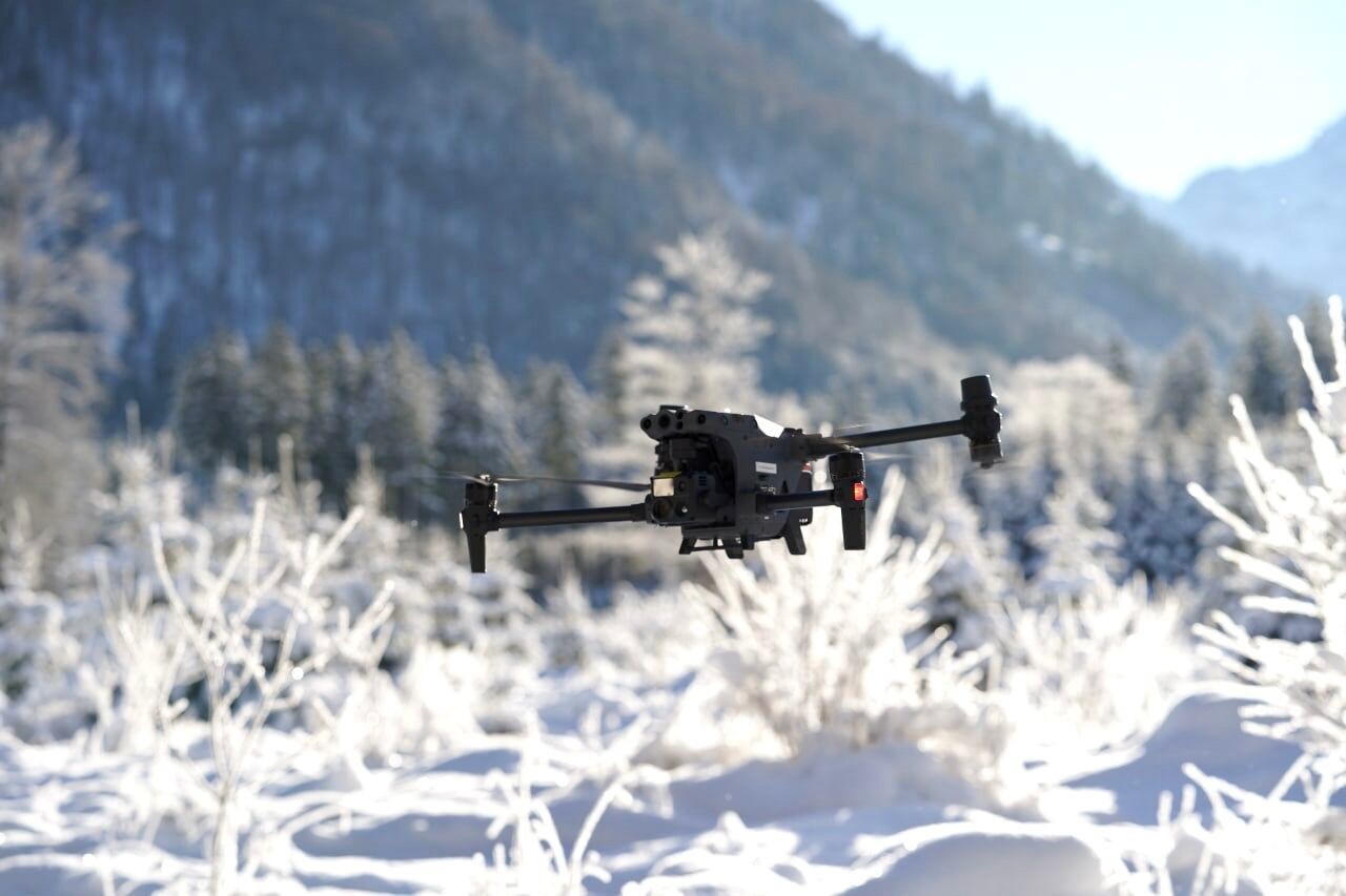 A drone flying in winter